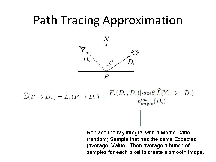 Path Tracing Approximation Replace the ray integral with a Monte Carlo (random) Sample that