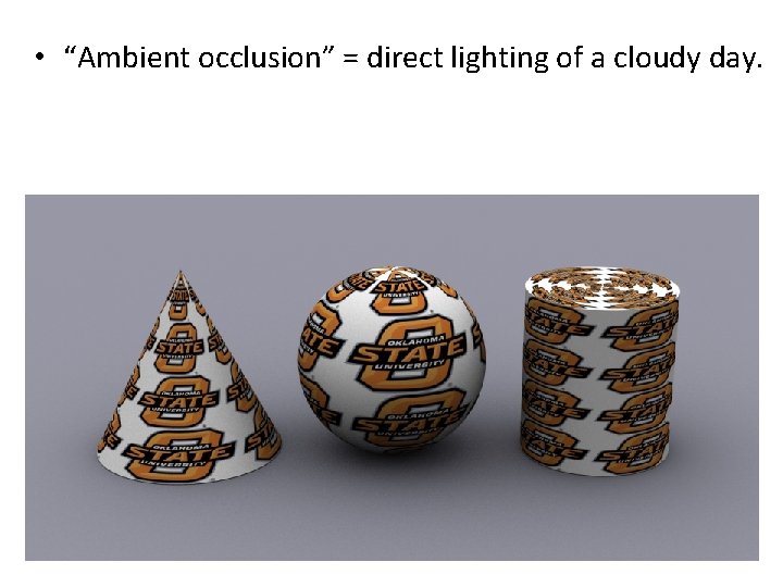  • “Ambient occlusion” = direct lighting of a cloudy day. 