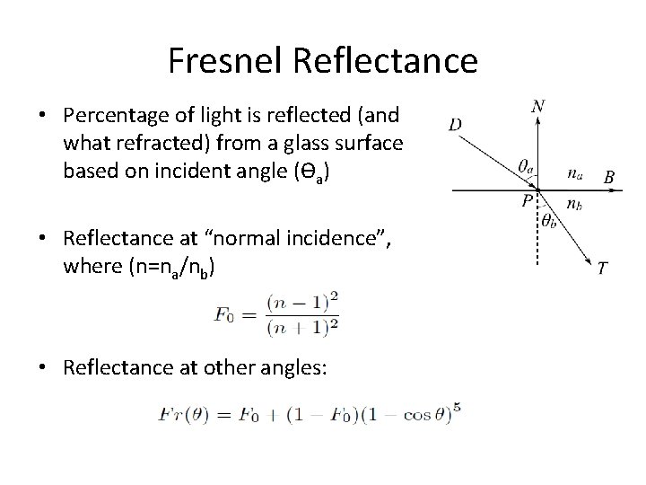 Fresnel Reflectance • Percentage of light is reflected (and what refracted) from a glass