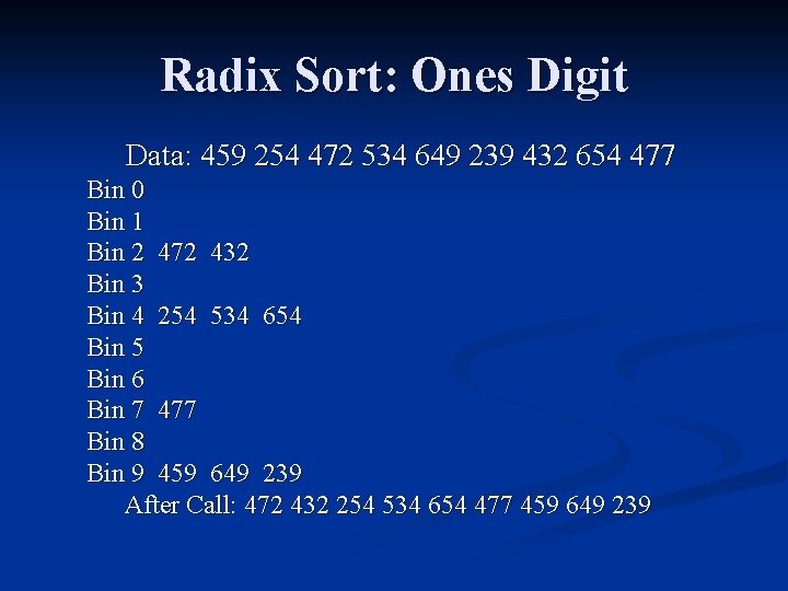 Radix Sort: Ones Digit Data: 459 254 472 534 649 239 432 654 477 Radix Sort: Ones Digit Data: 459 254 472 534 649 239 432 654 477
