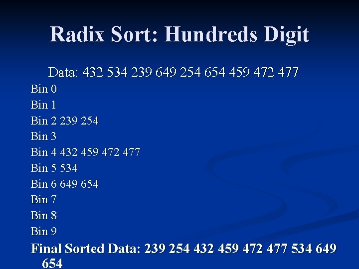 Radix Sort: Hundreds Digit Data: 432 534 239 649 254 654 459 472 477 Radix Sort: Hundreds Digit Data: 432 534 239 649 254 654 459 472 477