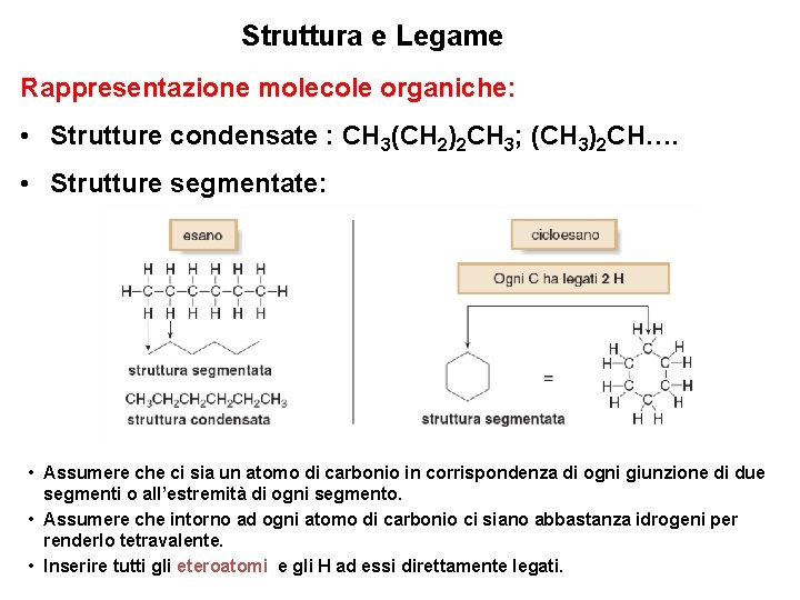 Struttura e Legame Rappresentazione molecole organiche: • Strutture condensate : CH 3(CH 2)2 CH