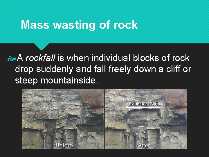 Mass wasting of rock A rockfall is when individual blocks of rock drop suddenly