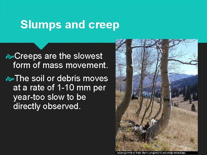 Slumps and creep Creeps are the slowest form of mass movement. The soil or