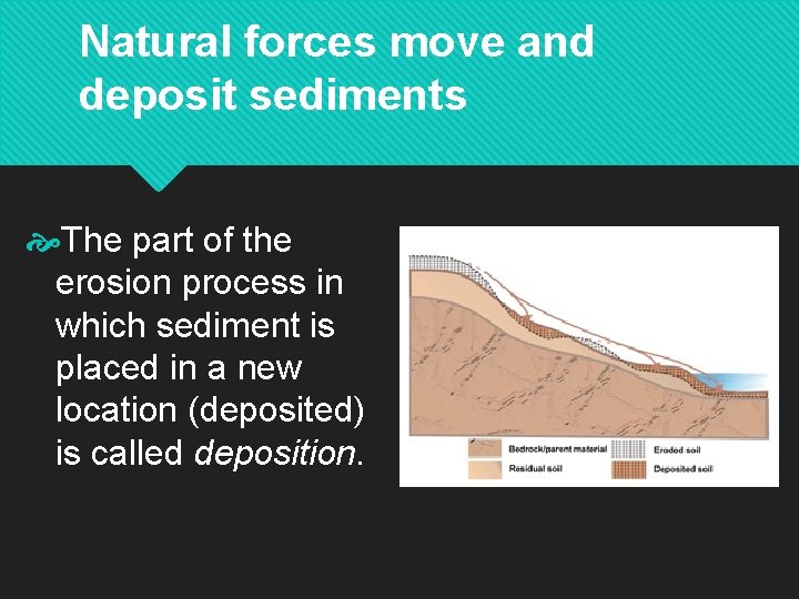 Natural forces move and deposit sediments The part of the erosion process in which