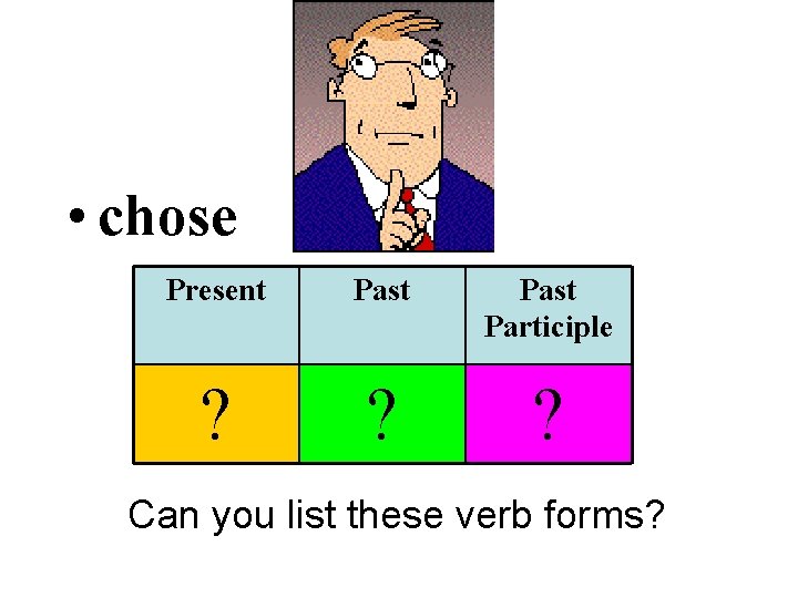  • chose Present Past Participle ? ? ? Can you list these verb