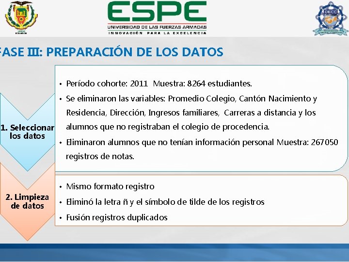 FASE III: PREPARACIÓN DE LOS DATOS • Período cohorte: 2011 Muestra: 8264 estudiantes. •