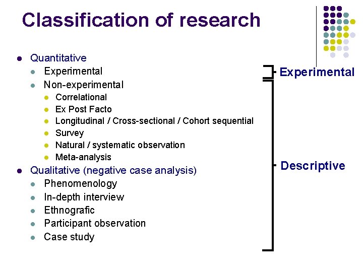 Classification of research l Quantitative l Experimental l Non-experimental l l l Correlational Ex