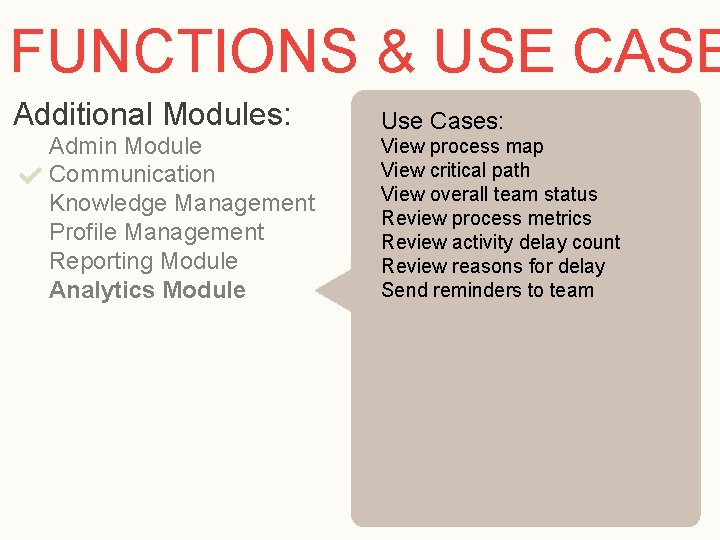 FUNCTIONS & USE CASE Additional Modules: Admin Module Communication Knowledge Management Profile Management Reporting