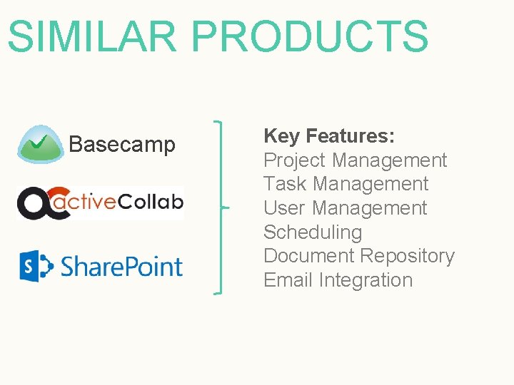 SIMILAR PRODUCTS Basecamp Key Features: Project Management Task Management User Management Scheduling Document Repository