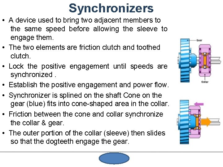 Synchronizers • A device used to bring two adjacent members to the same speed