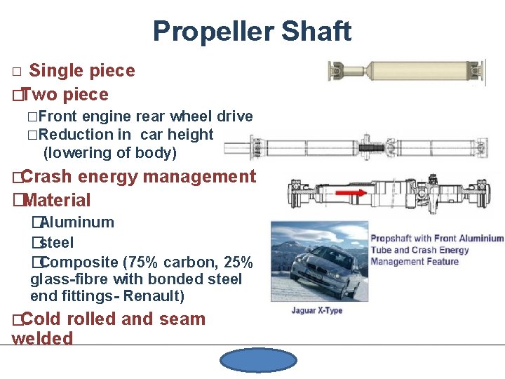 Propeller Shaft Single piece �Two piece � �Front engine �Reduction in rear wheel drive
