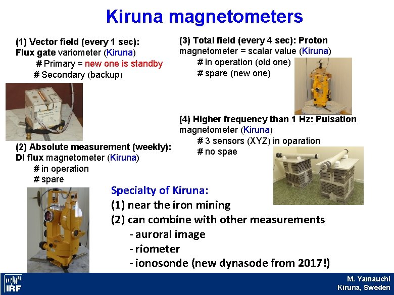 Kiruna magnetometers (1) Vector field (every 1 sec): Flux gate variometer (Kiruna) # Primary