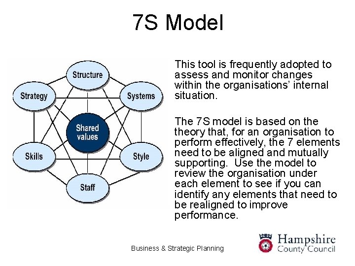 7 S Model This tool is frequently adopted to assess and monitor changes within