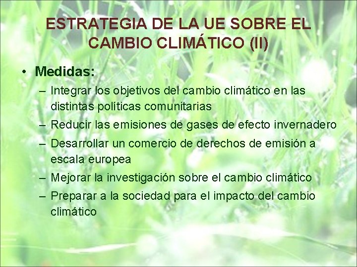 ESTRATEGIA DE LA UE SOBRE EL CAMBIO CLIMÁTICO (II) • Medidas: – Integrar los