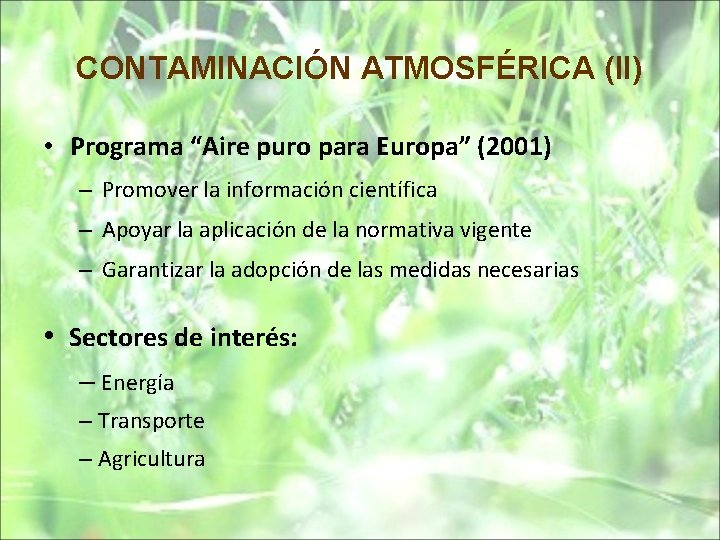 CONTAMINACIÓN ATMOSFÉRICA (II) • Programa “Aire puro para Europa” (2001) – Promover la información