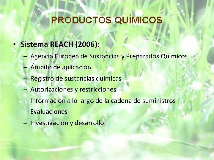 PRODUCTOS QUÍMICOS • Sistema REACH (2006): – Agencia Europea de Sustancias y Preparados Químicos