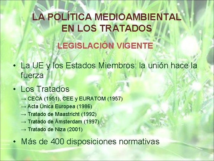 LA POLÍTICA MEDIOAMBIENTAL EN LOS TRATADOS LEGISLACIÓN VIGENTE • La UE y los Estados