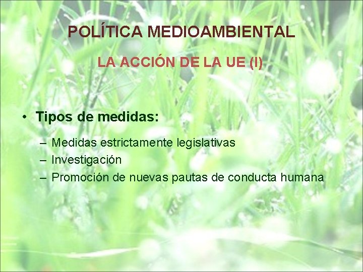 POLÍTICA MEDIOAMBIENTAL LA ACCIÓN DE LA UE (I) • Tipos de medidas: – Medidas