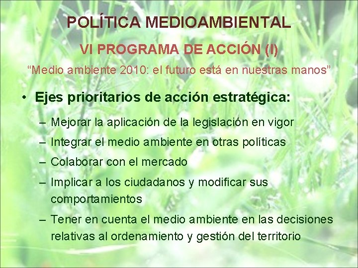 POLÍTICA MEDIOAMBIENTAL VI PROGRAMA DE ACCIÓN (I) “Medio ambiente 2010: el futuro está en