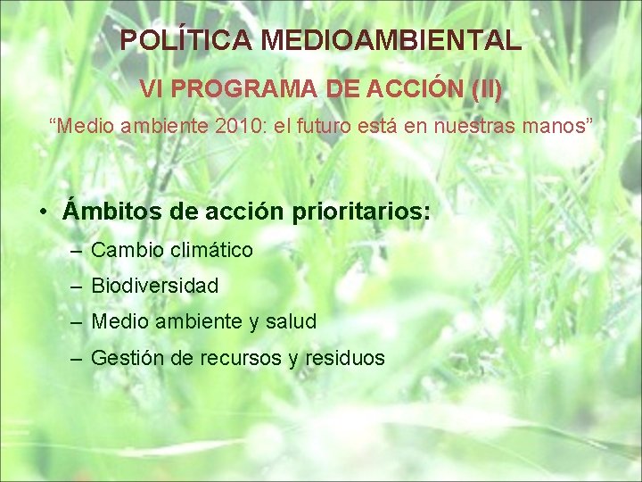 POLÍTICA MEDIOAMBIENTAL VI PROGRAMA DE ACCIÓN (II) “Medio ambiente 2010: el futuro está en