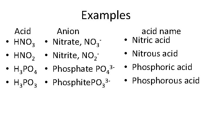 Examples • • Acid HNO 3 HNO 2 H 3 PO 4 H 3