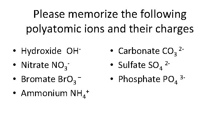 Please memorize the following polyatomic ions and their charges • • Hydroxide OHNitrate NO