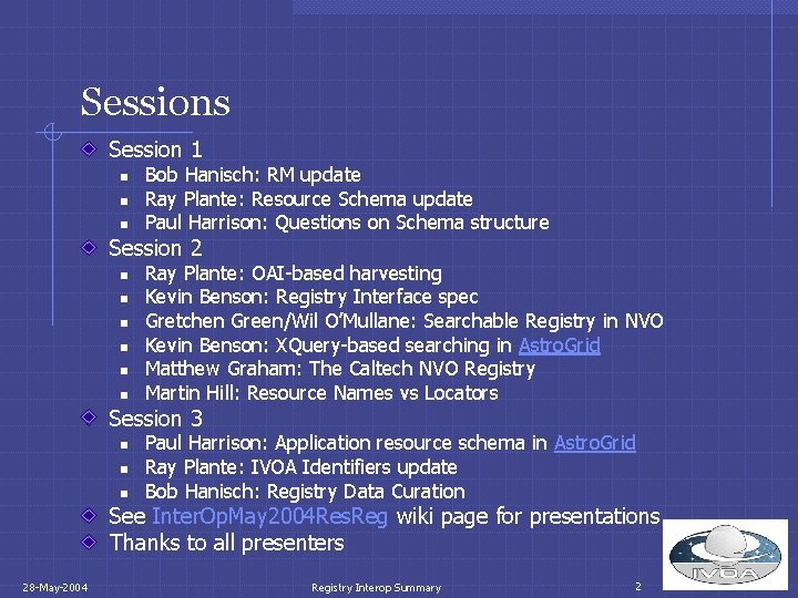 Sessions Session 1 n n n Bob Hanisch: RM update Ray Plante: Resource Schema