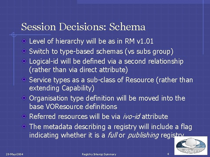 Session Decisions: Schema Level of hierarchy will be as in RM v 1. 01