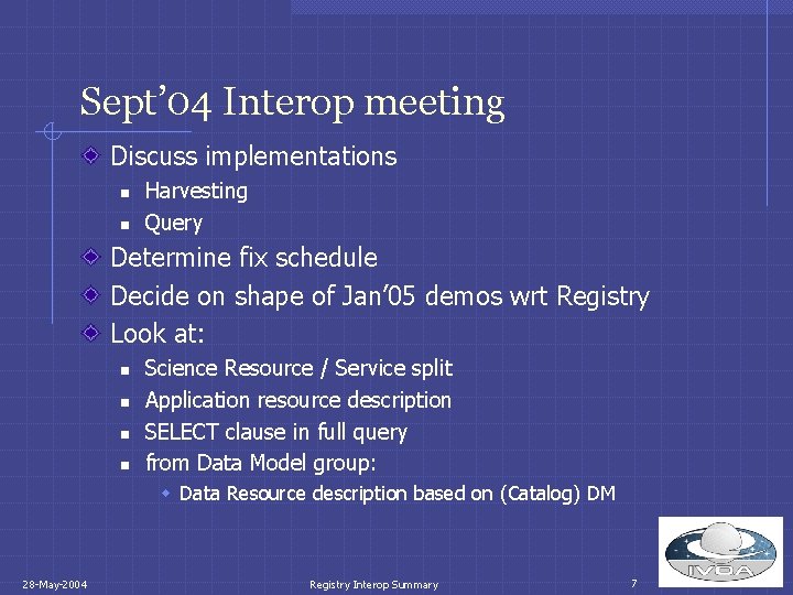 Sept’ 04 Interop meeting Discuss implementations n n Harvesting Query Determine fix schedule Decide