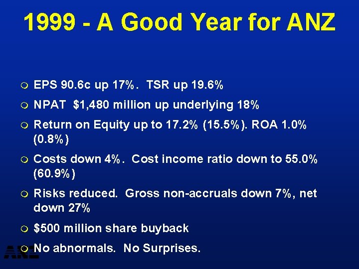 1999 - A Good Year for ANZ m EPS 90. 6 c up 17%.