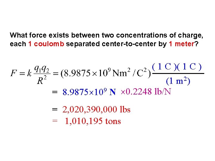 What force exists between two concentrations of charge, each 1 coulomb separated center-to-center by