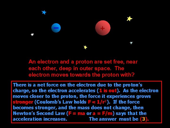 + An electron and a proton are set free, near each other, deep in