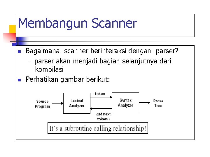 Membangun Scanner n n Bagaimana scanner berinteraksi dengan parser? – parser akan menjadi bagian