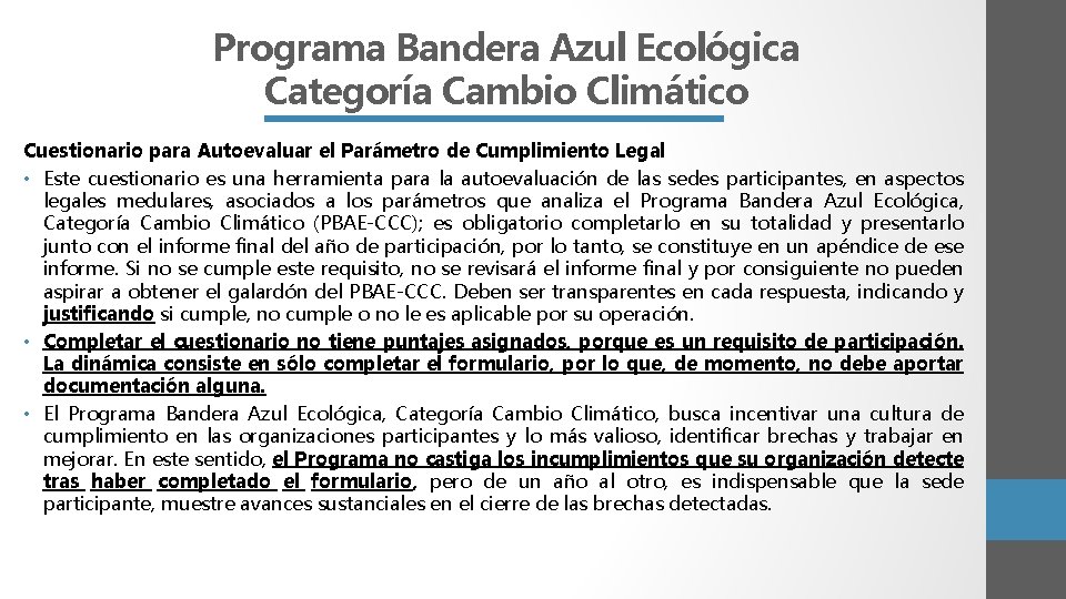 Programa Bandera Azul Ecológica Categoría Cambio Climático Cuestionario para Autoevaluar el Parámetro de Cumplimiento