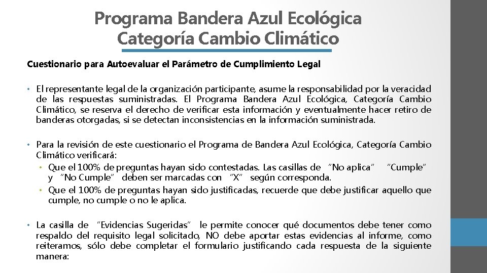 Programa Bandera Azul Ecológica Categoría Cambio Climático Cuestionario para Autoevaluar el Parámetro de Cumplimiento