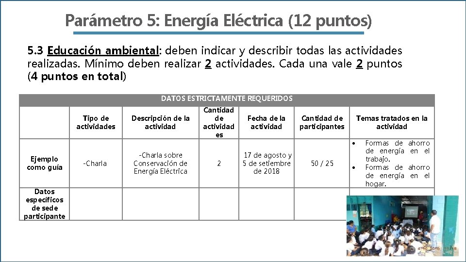 Parámetro 5: Energía Eléctrica (12 puntos) 5. 3 Educación ambiental: deben indicar y describir