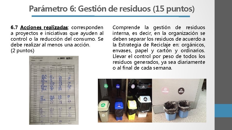 Parámetro 6: Gestión de residuos (15 puntos) 6. 7 Acciones realizadas: corresponden a proyectos