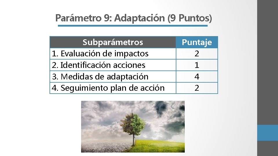 Parámetro 9: Adaptación (9 Puntos) Subparámetros 1. Evaluación de impactos 2. Identificación acciones 3.