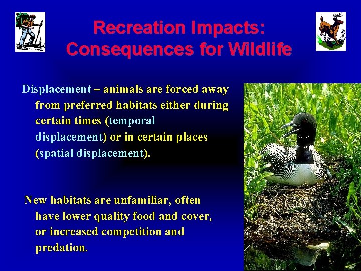 Recreation Impacts: Consequences for Wildlife Displacement – animals are forced away from preferred habitats