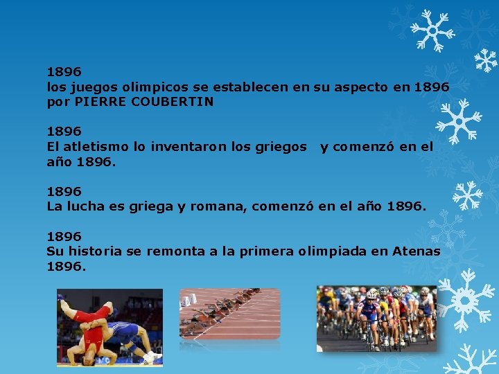 1896 los juegos olimpicos se establecen en su aspecto en 1896 por PIERRE COUBERTIN