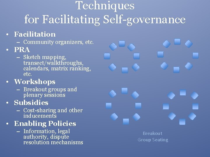 Techniques for Facilitating Self-governance • Facilitation – Community organizers, etc. • PRA – Sketch