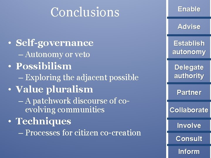 Conclusions Enable Advise • Self-governance – Autonomy or veto • Possibilism – Exploring the