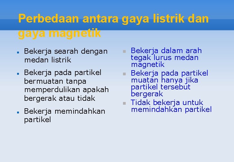 Perbedaan antara gaya listrik dan gaya magnetik Bekerja searah dengan medan listrik Bekerja pada