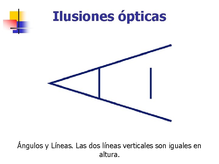 Ilusiones ópticas Ángulos y Líneas. Las dos líneas verticales son iguales en altura. 