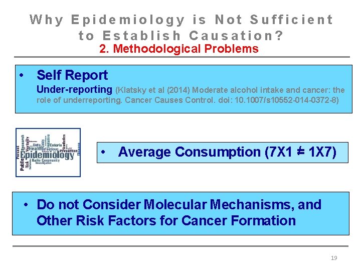 Why Epidemiology is Not Sufficient to Establish Causation? 2. Methodological Problems • Self Report