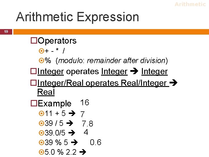 Arithmetic Expression 19 Operators + - * / % (modulo: remainder after division) Integer Arithmetic Expression 19 Operators + - * / % (modulo: remainder after division) Integer