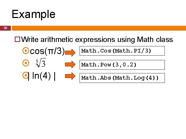 Example 30 Write arithmetic expressions using Math class cos(π/3) | ln(4) | Math. Cos(Math. Example 30 Write arithmetic expressions using Math class cos(π/3) | ln(4) | Math. Cos(Math.