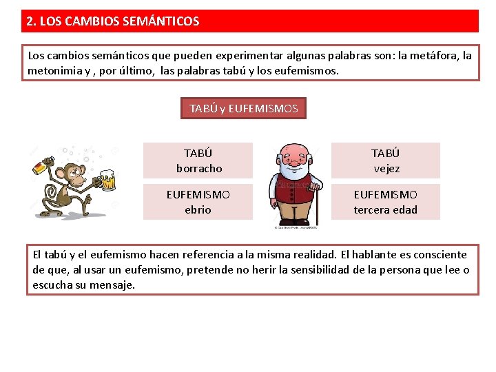 2. LOS CAMBIOS SEMÁNTICOS Los cambios semánticos que pueden experimentar algunas palabras son: la
