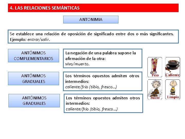 4. LAS RELACIONES SEMÁNTICAS ANTONIMIA Se establece una relación de oposición de significado entre